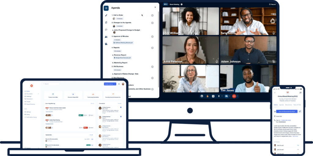 Illustration with transparent background showing the Boardable platform across multiple devices. A desktop monitor displays a virtual board meeting with six participants and an open agenda using the Boardable Agenda Builder. A tablet shows the Finance Committee dashboard with updates, tasks, and polls. A smartphone screen presents details for the “Annual Board Meeting 2023” with options to join, view documents, and see attendee information. The image highlights Boardable’s cross-device functionality and seamless board management experience.