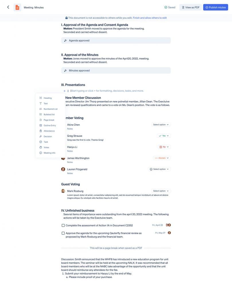 A screenshot of a board's meeting minutes template, based on Robert's Rules of Order.