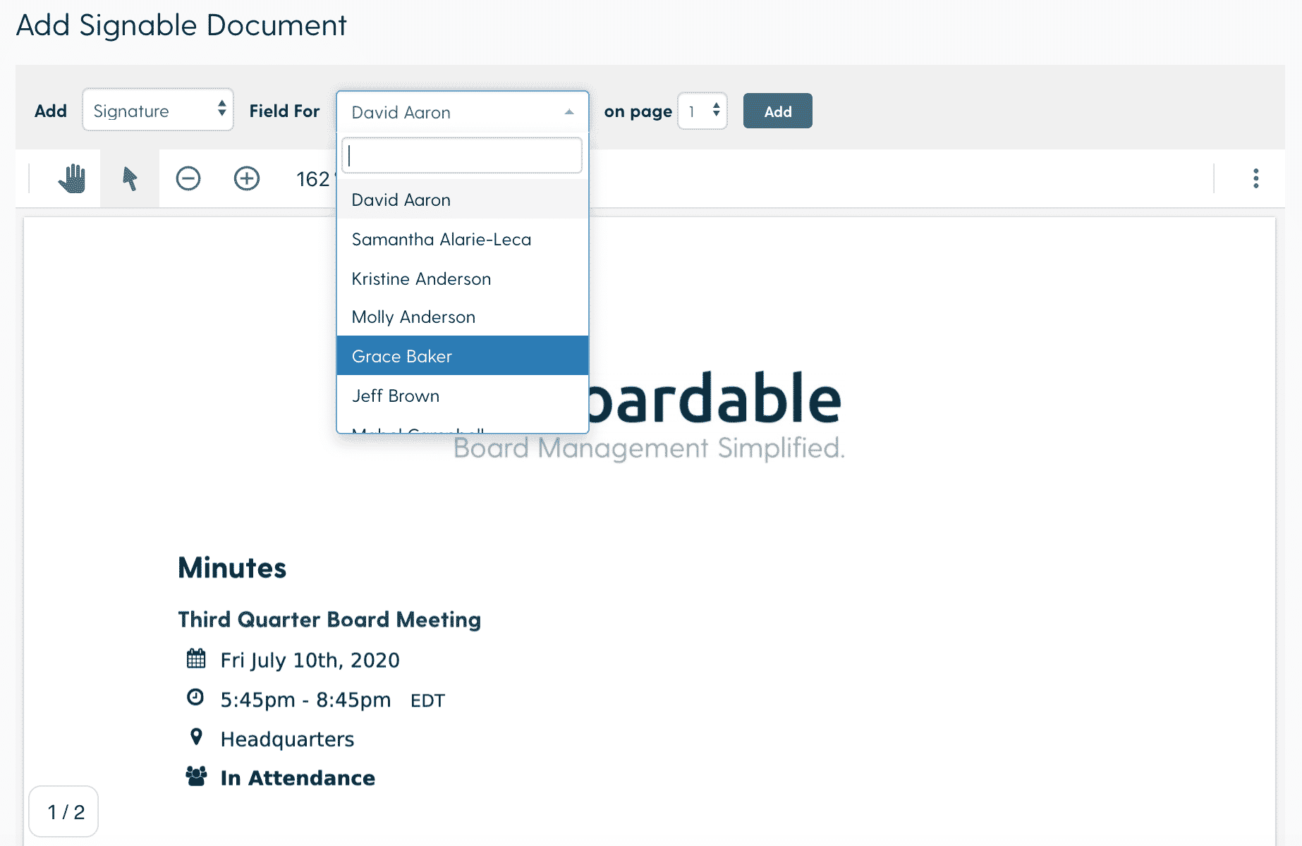 The e-signature feature in Boardable allows nonprofits to quickly obtain legal signatures in minutes.