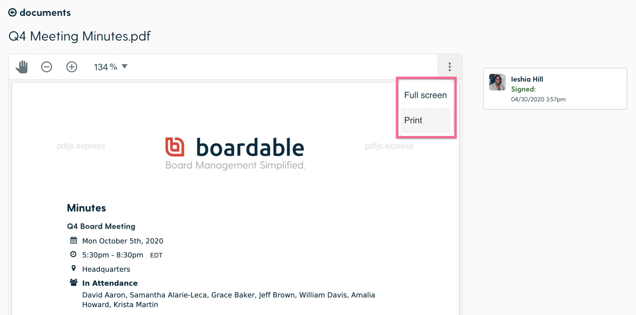 The e-signature feature in Boardable allows nonprofits to quickly obtain legal signatures in minutes.