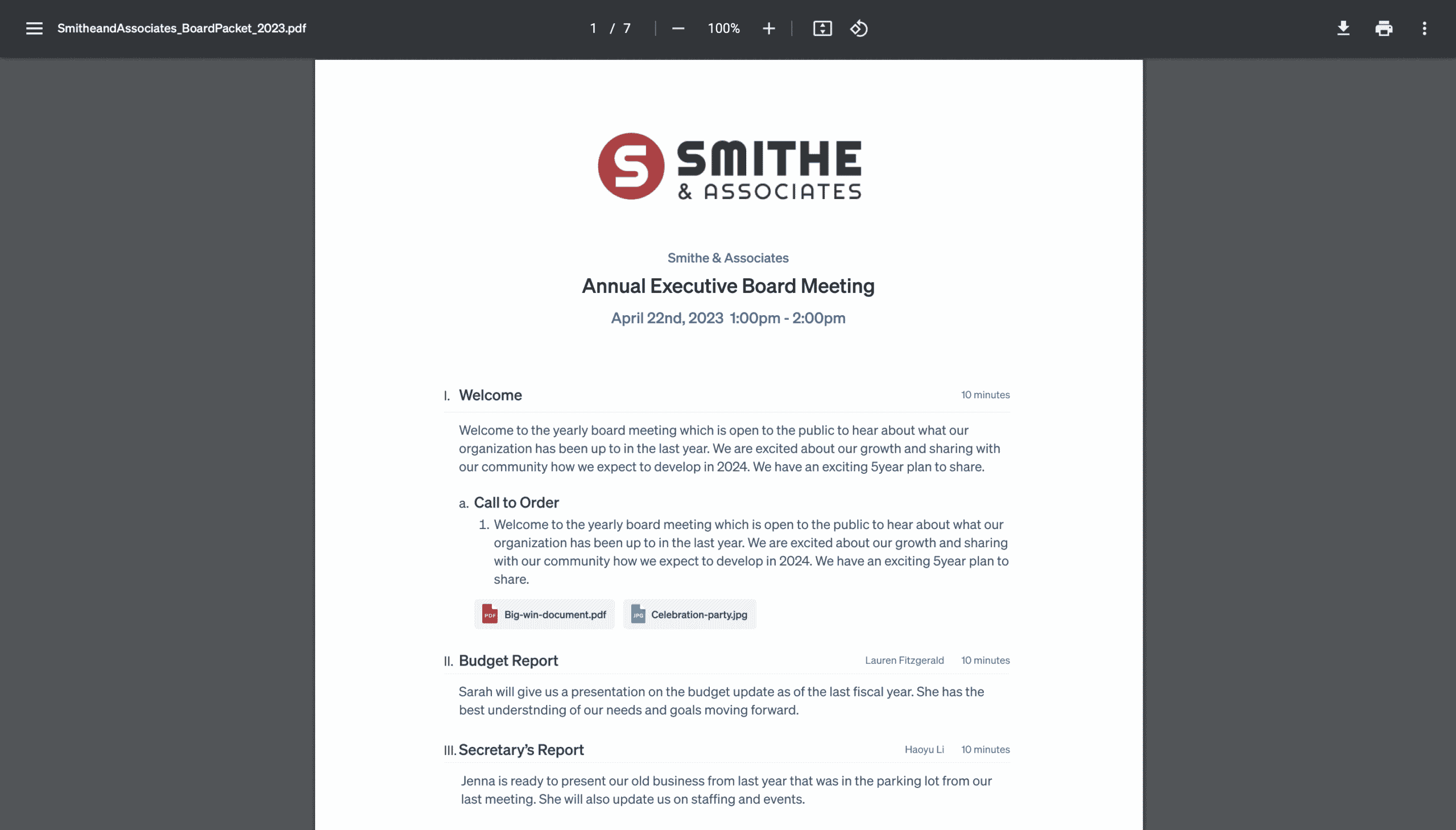 Product screenshot of Digital Board Packet feature - pdf view.