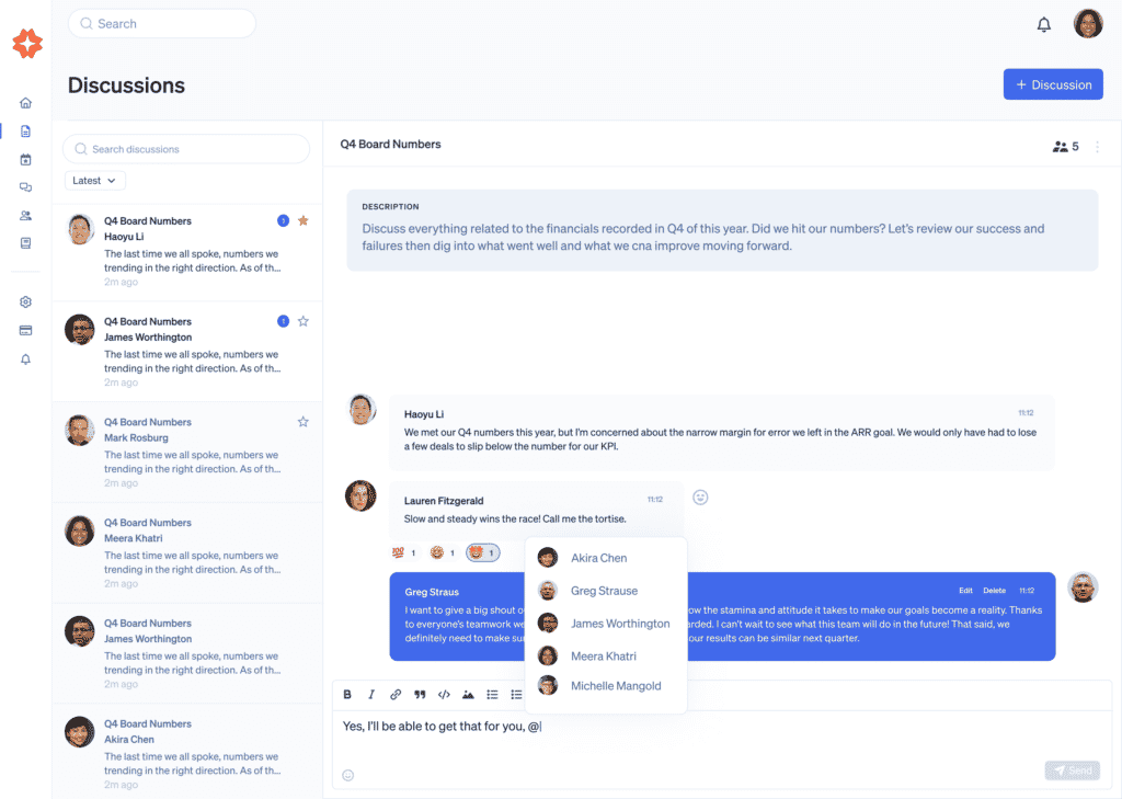 Product screenshot of Discussions feature - tagging someone.