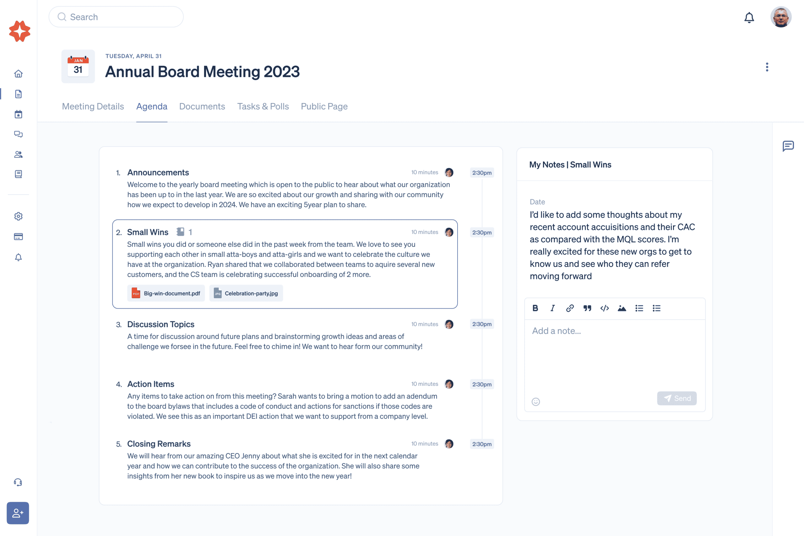 Screenshot of Boardable's meeting agenda tool (member view)