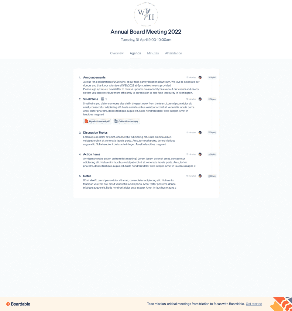 Product screenshot of Public Meeting Page feature - public page agenda