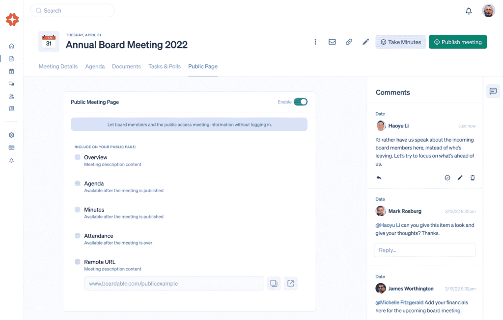 Product screenshot of Public Meeting Page feature - public page setup