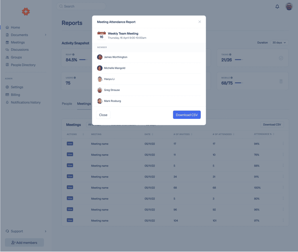 Product screenshoot of Reporting feature - export meeting download.