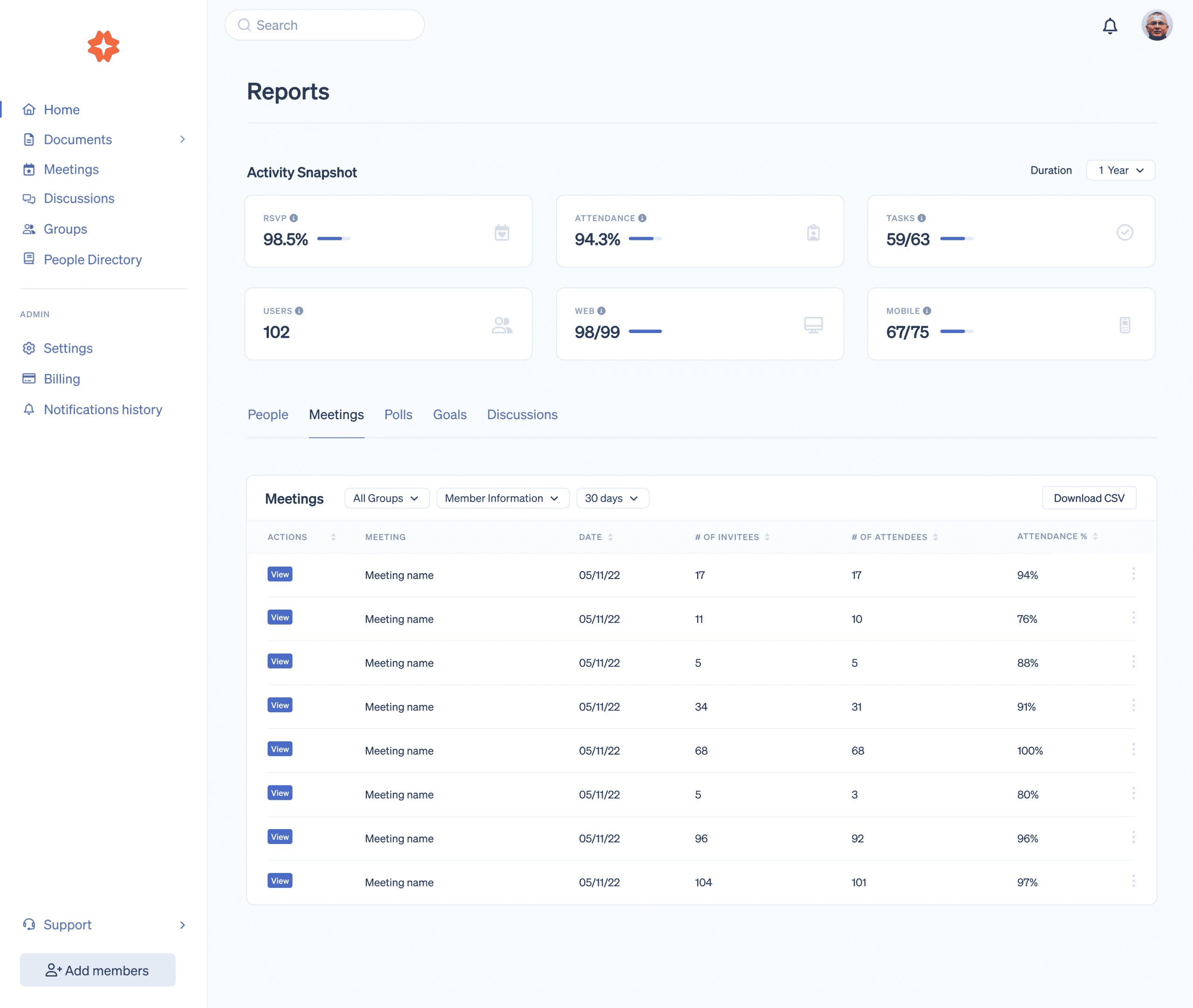 Product screenshot of Reporting feature