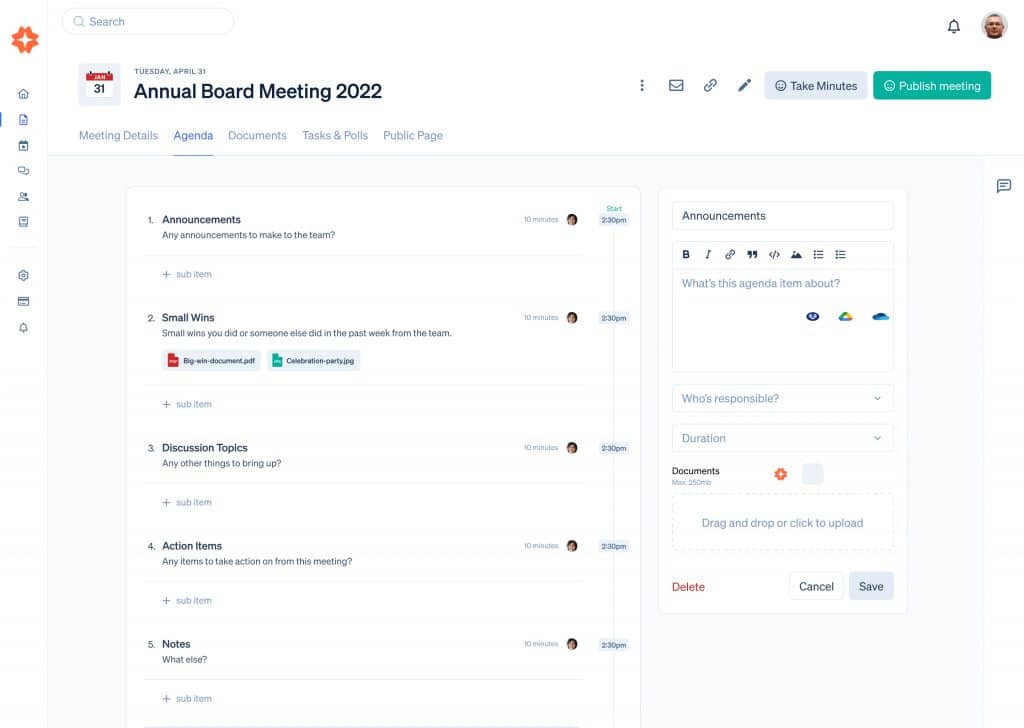 Product screenshot. Meeting - Agenda builder