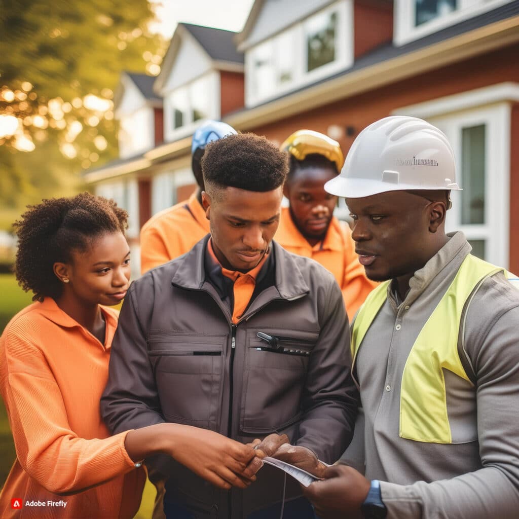 AI-generated image created by prompt: “A diverse group of people working on a community-led housing initiative in Indiana.”