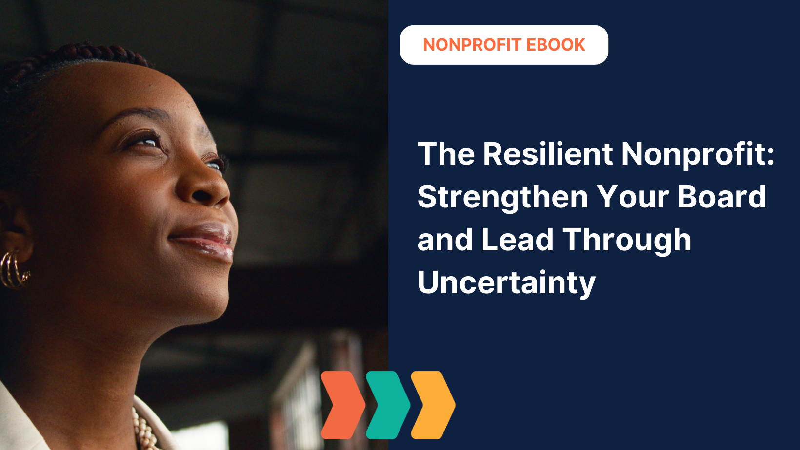 Confident nonprofit leader looking ahead with optimism, next to promotional banner for a free nonprofit ebook titled 