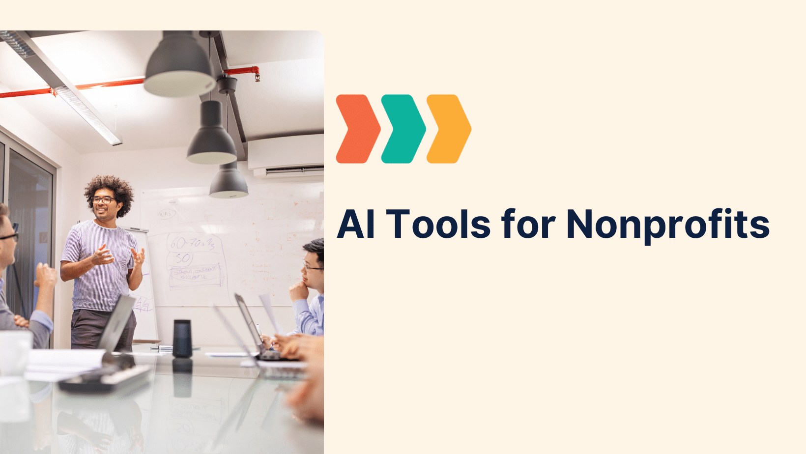 Presenter leads a diverse nonprofit team meeting beside a slide reading “AI Tools for Nonprofits” — Ai tools for nonprofits workshop.