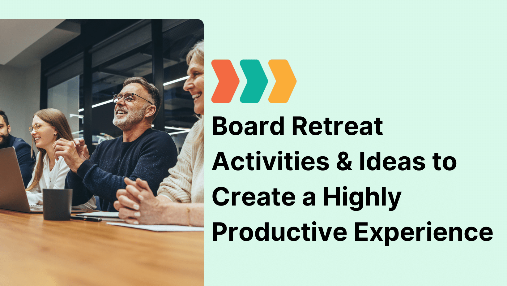 Board members collaborate at a conference table; hero banner headline: ‘Board Retreat Activities & Ideas’.