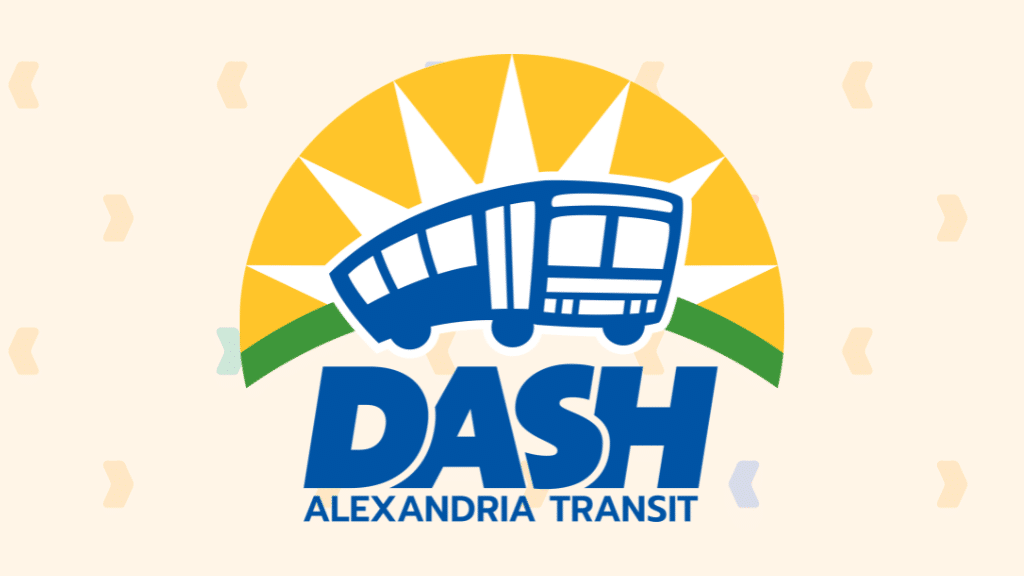 Dash Transit Alexandria Transit logo featuring a blue streetcar in front of a yellow sunburst and green arc above bold blue DASH lettering.