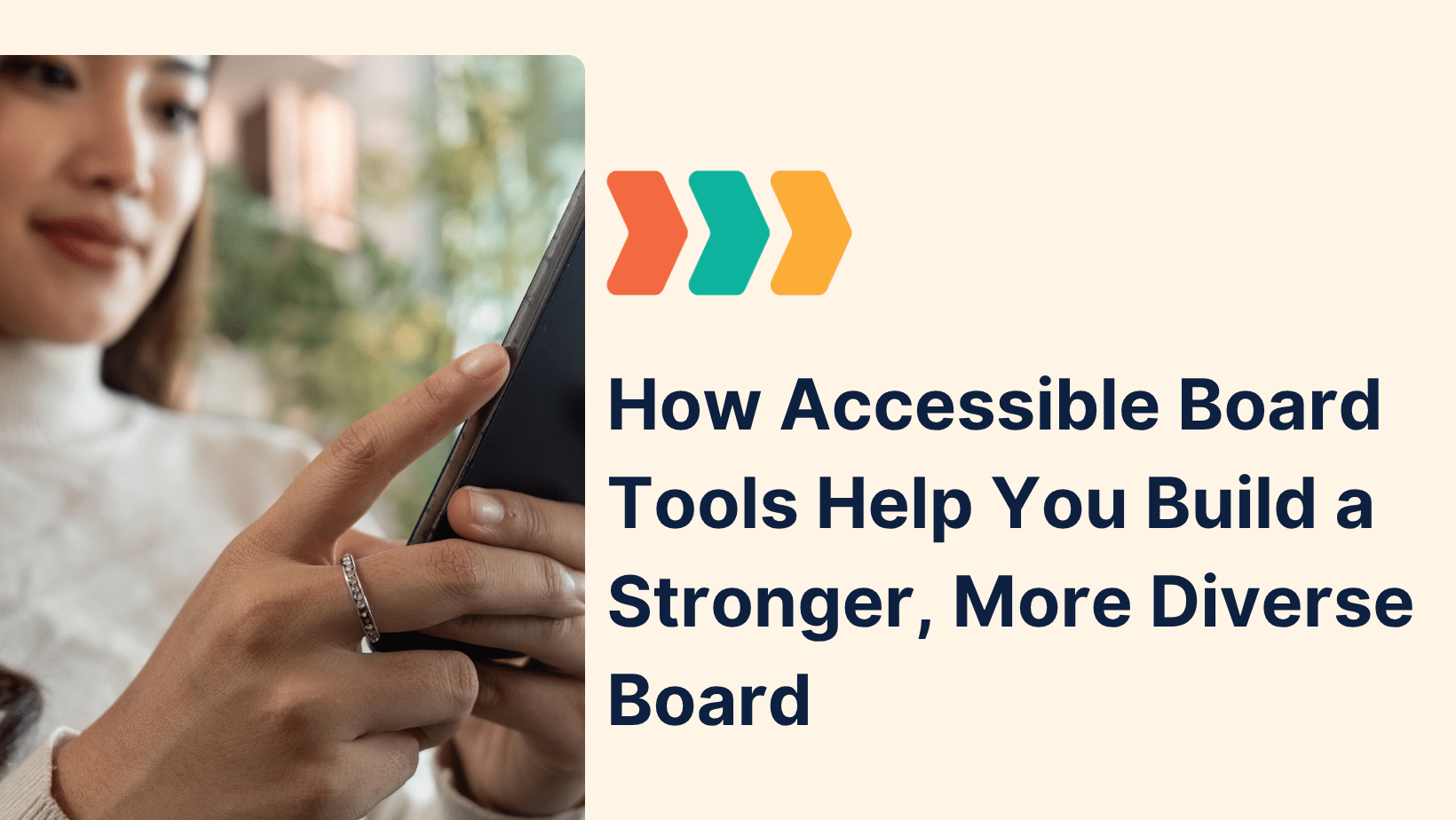 Inclusive nonprofit board recruitment — a woman uses a smartphone to access digital board management tools, representing accessible and diverse board member engagement.