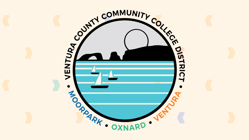VCCCD logo — Ventura County Community College District seal featuring a coastal scene with sailboats, rock formations, and a sun, encircled by the district name and its three colleges: Moorpark, Oxnard, and Ventura.