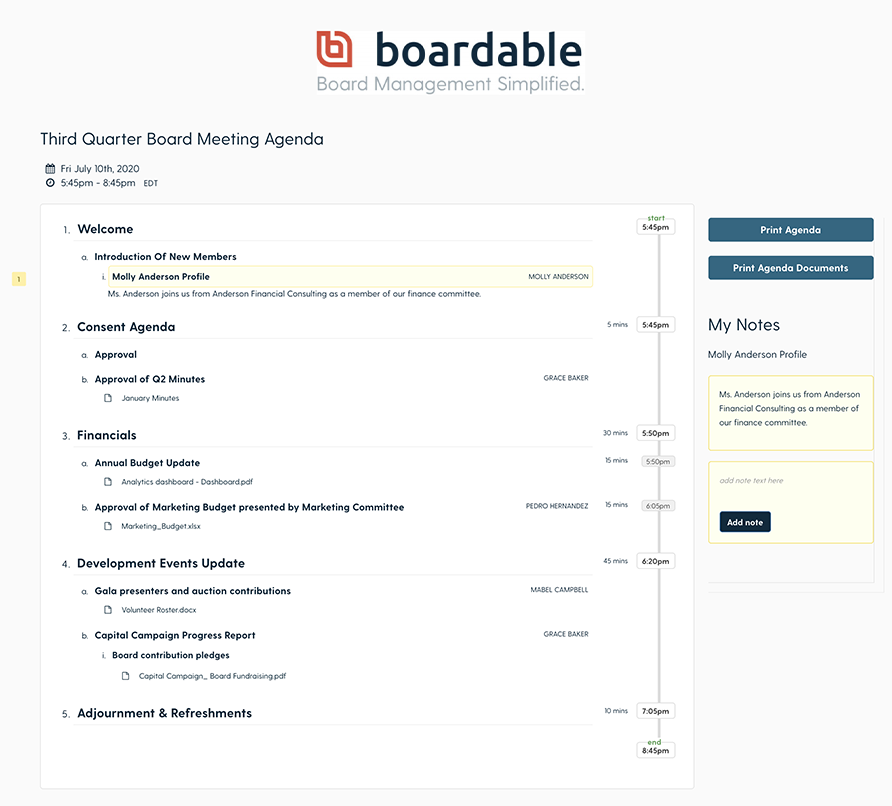 Board members can write and save personal notes using the agenda creator.