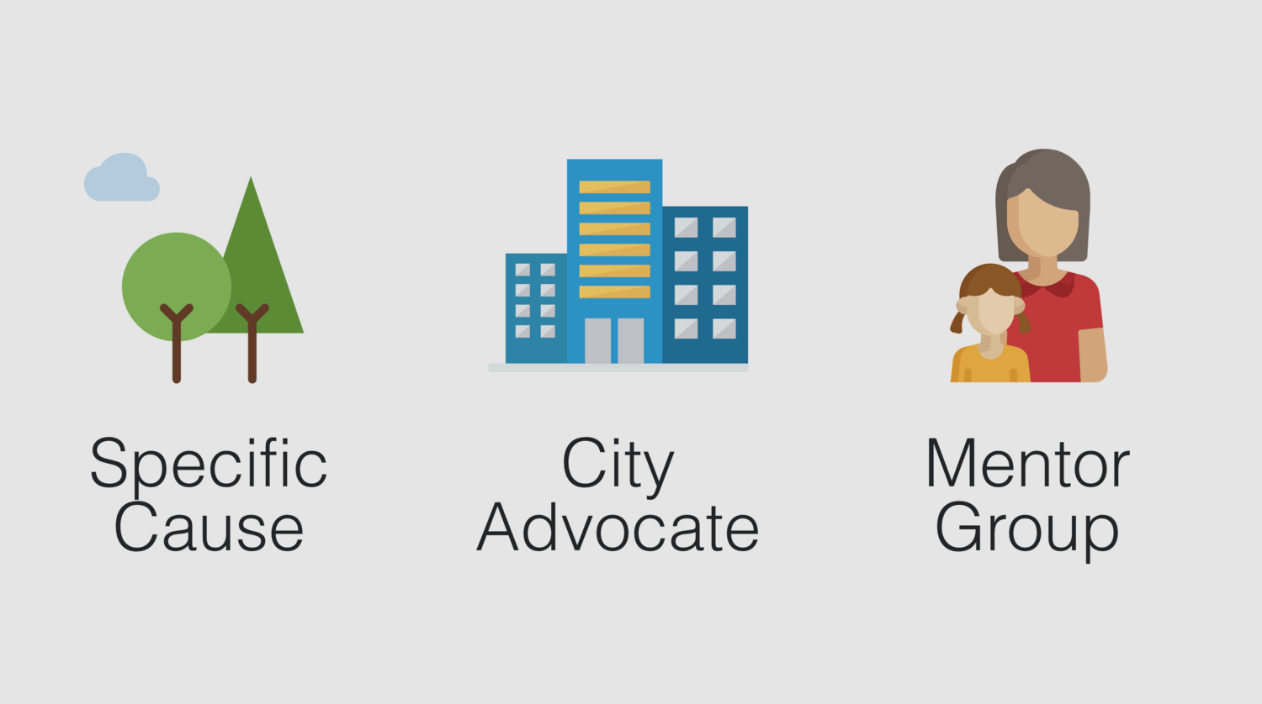 Ways to volunteer: be a city advocate, join a mentor group, or fight for a specific cause.
