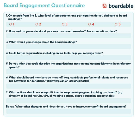 Try dispersing a survey like this one to gauge board engagement and determine areas for improvement.