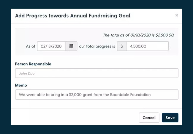 Make sure to monitor your board's fundraising progress with goal tracking tools.