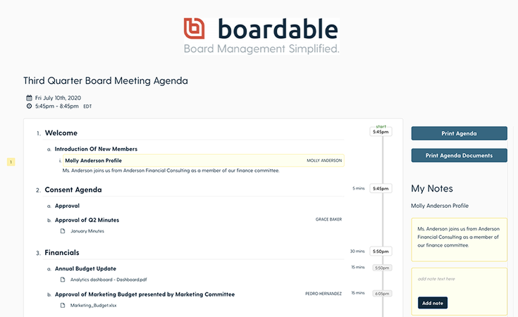 Using Boardable, attendees can take personal notes directly on your board meeting agendas.