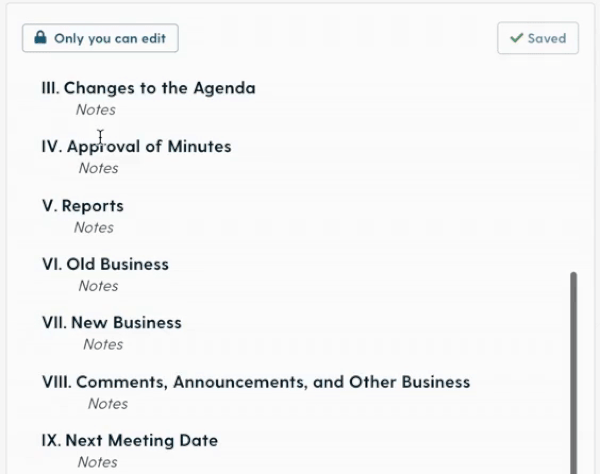 Take your corporate meeting minutes directly within your agenda.