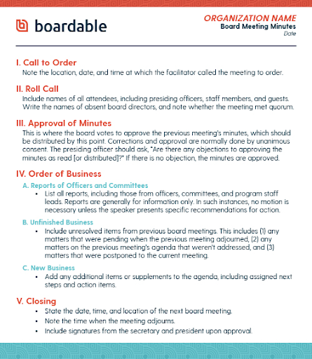 This sample agenda shows the order of a typical board meeting.