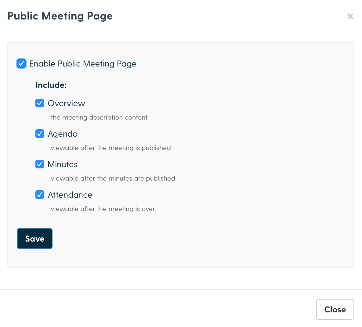 With the Public Meeting Pages feature in Boardable allows you to make meeting details public.