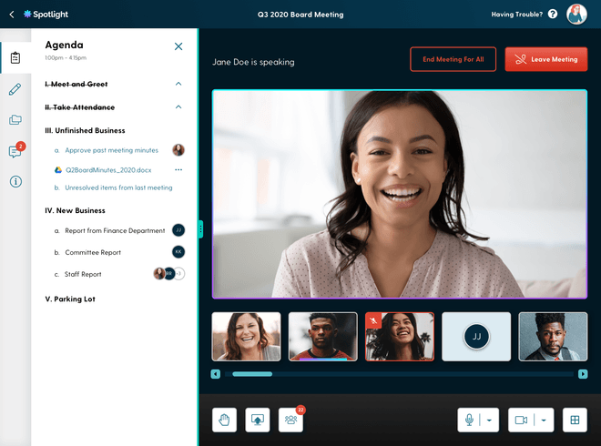 Boardable's Spotlight feature provides everything you need to run your virtual board meetings within one screen.